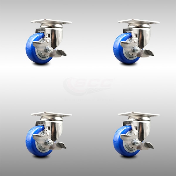 Service Caster 3.5 Inch 316SS Blue Polyurethane Wheel Swivel Top Plate Caster Set with Brake SCC-SS31620S3514-PPUB-BLUE-TLB-4 - main